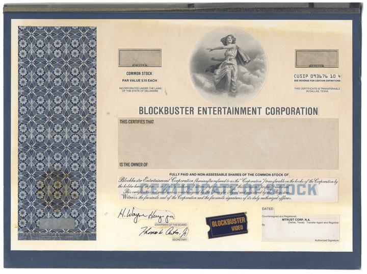 Working Proof from BLOCKBUSTER ENTERTAINMENT for the company's Common Stock