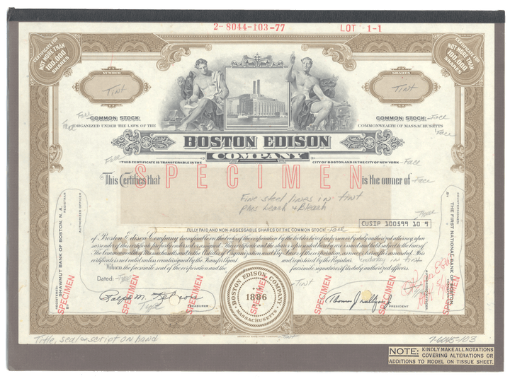 Rare BOSTON EDISON Working Proof for one of the company's common stock certificates