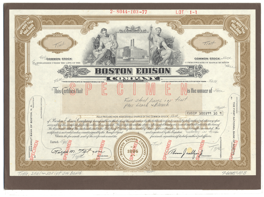 Rare BOSTON EDISON Working Proof for one of the company's common stock certificates