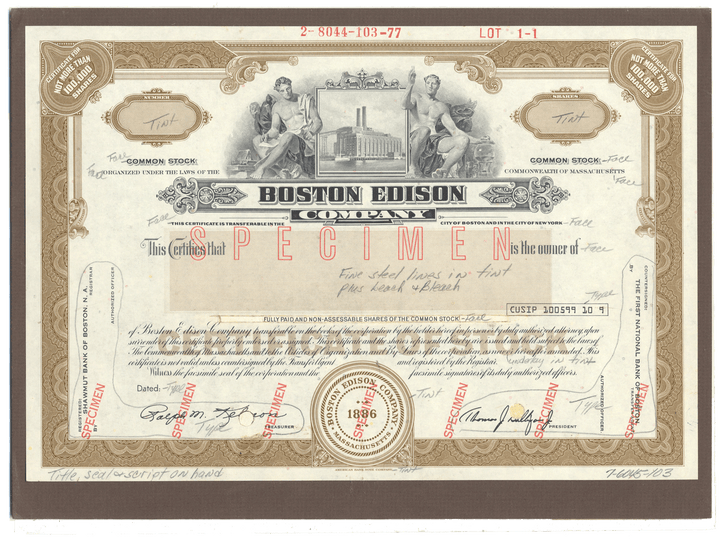 Rare BOSTON EDISON Working Proof for one of the company's common stock certificates