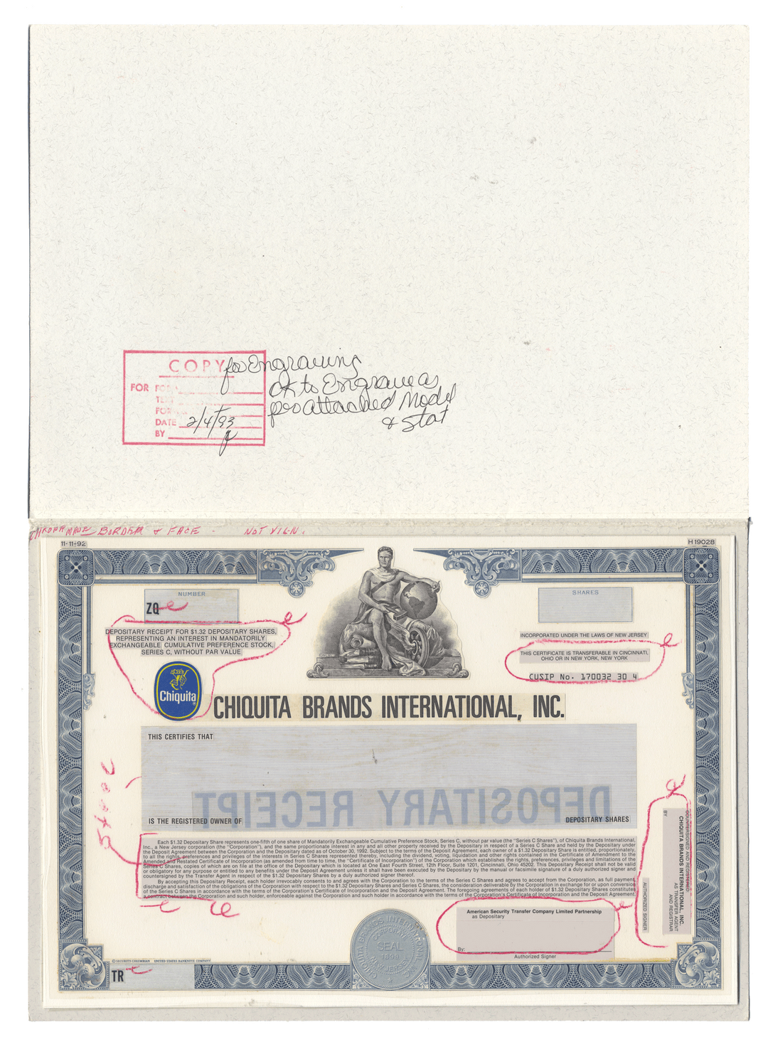 Working Proof from CHIQUITA for the company's Depositary Shares