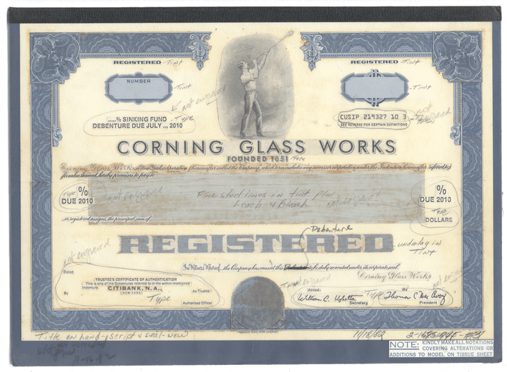 Working Proof from Corning Glass Works for the company's Sinking Fund Debenture Bonds