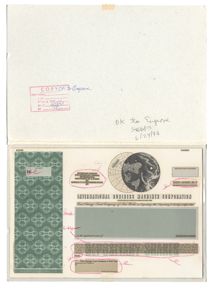 Very Rare INTERNATIONAL BUSINESS MACHINES (IBM) Working Proof for the company 's depositary shares