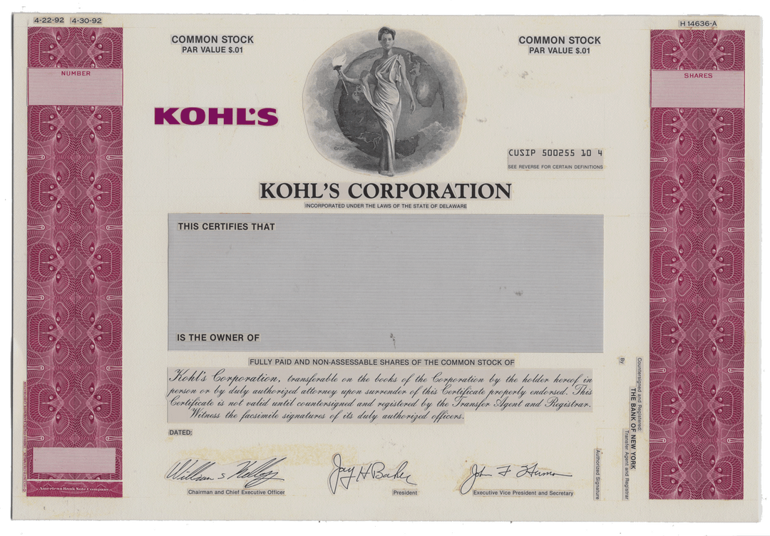 Working Proof from KOHL'S for the company's Common Stock