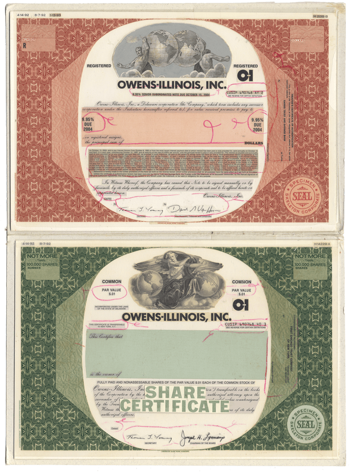 Working Proof from Owens-Illinois Inc. for the company's Common Stock and Subordinated Debenture Note