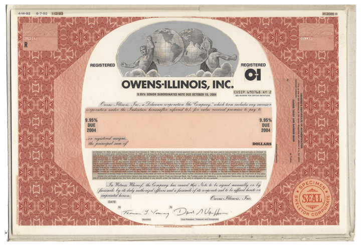 Working Proof from Owens-Illinois Inc. for the company's Common Stock and Subordinated Debenture Note