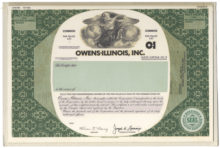 Working Proof from Owens-Illinois Inc. for the company's Common Stock and Subordinated Debenture Note