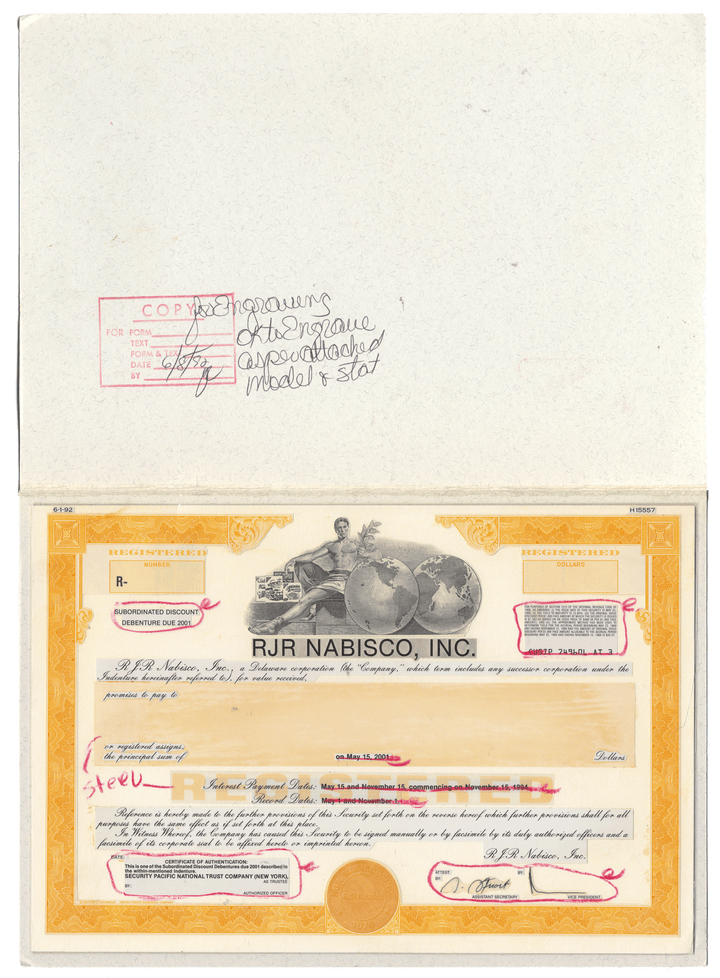 Working Proof from RJR Nabisco for one of the company's Subordinated Debenture Bonds