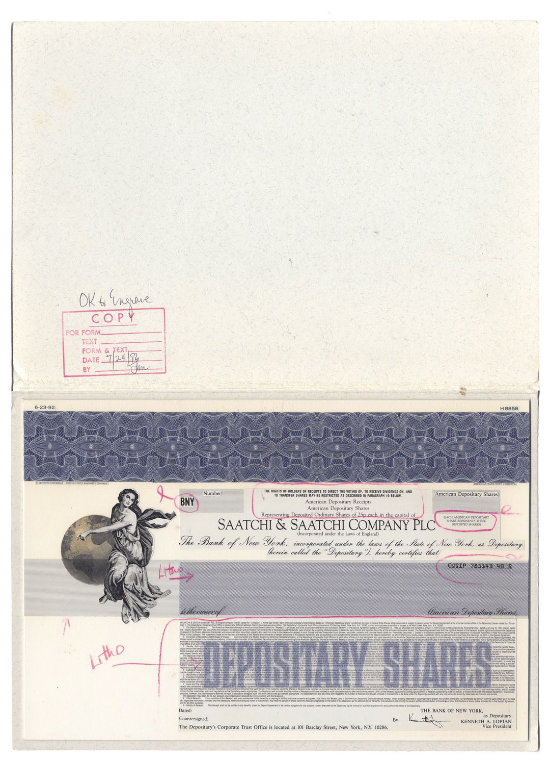 Very rare working proof from Saatchi & Saatchi for the company's depositary shares