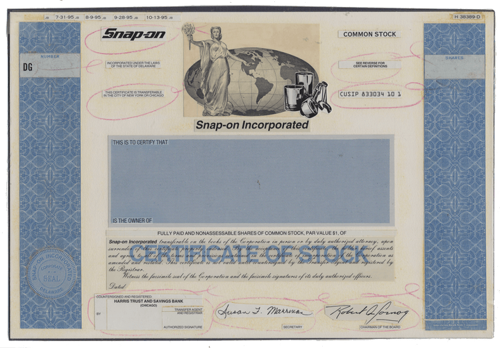 Working Proof from SNAP-ON for the company's Common Stock