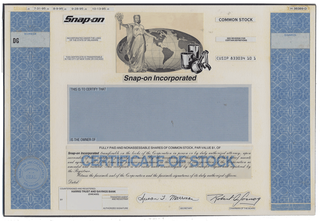 Working Proof from SNAP-ON for the company's Common Stock