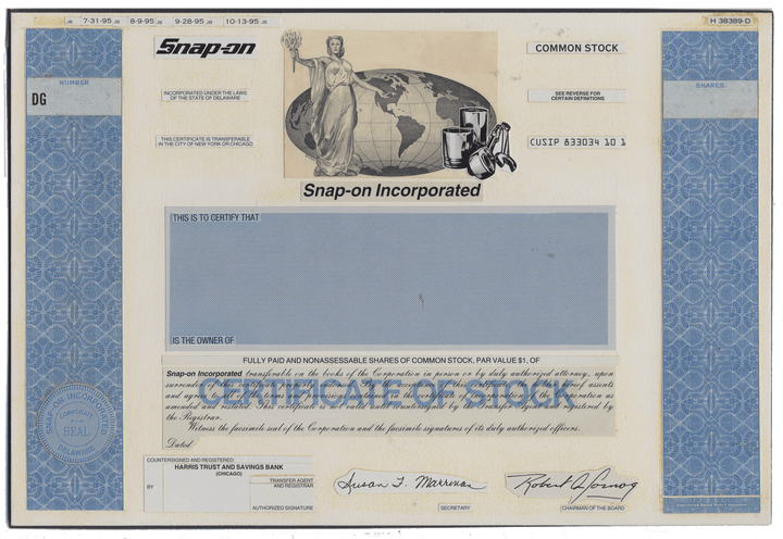 Working Proof from SNAP-ON for the company's Common Stock