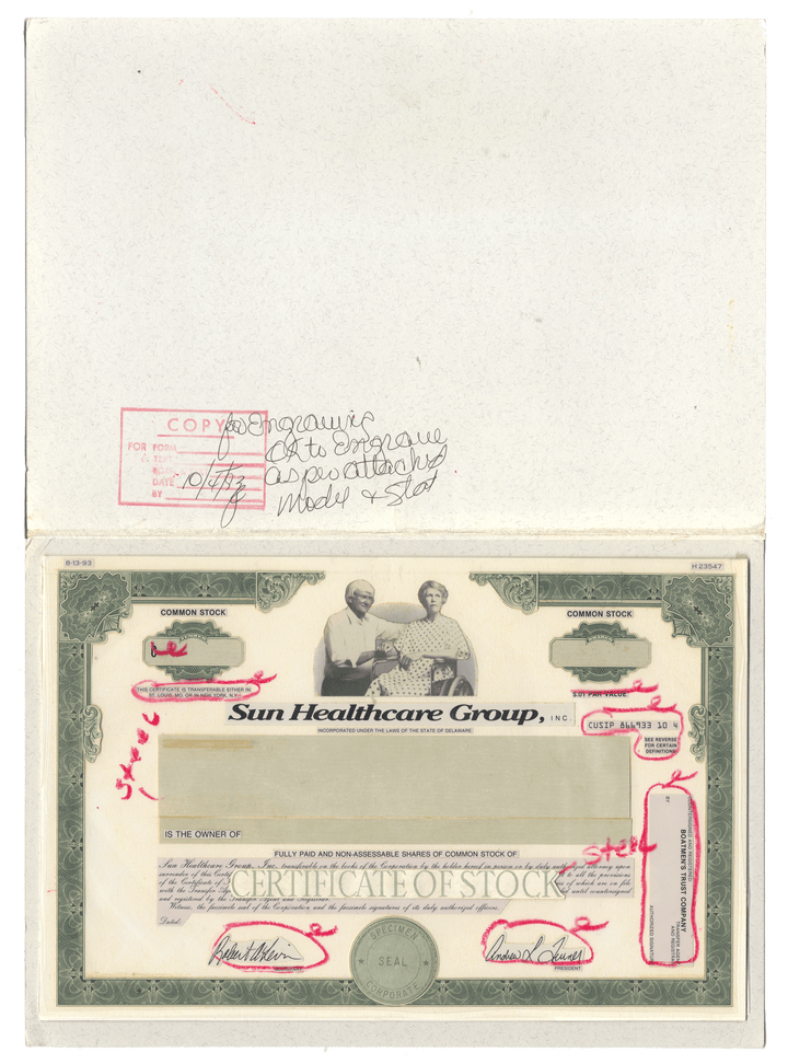 Working Proof from the Sun Healthcare Group for one of the company's Common Stock certificates