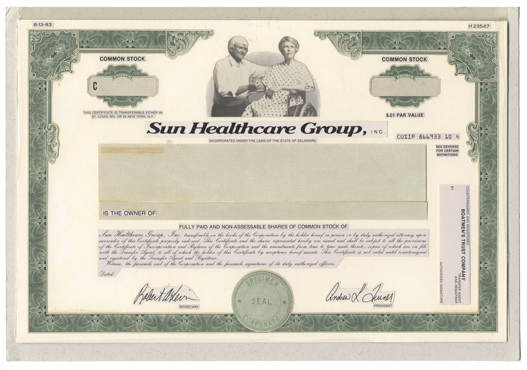 Working Proof from the Sun Healthcare Group for one of the company's Common Stock certificates