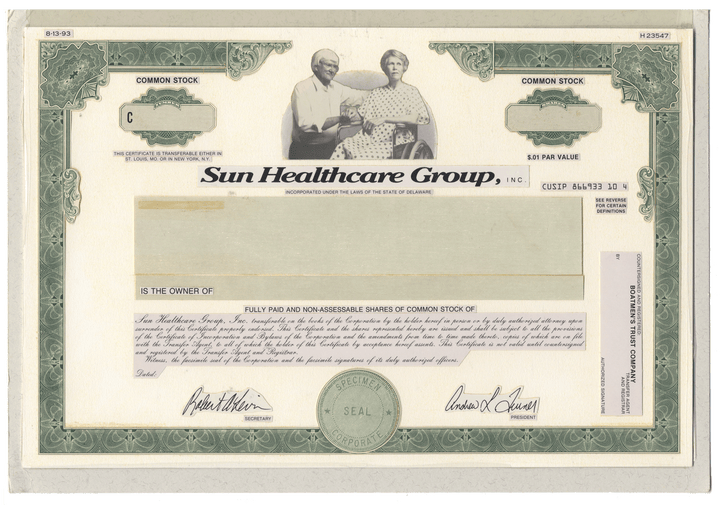 Working Proof from the Sun Healthcare Group for one of the company's Common Stock certificates