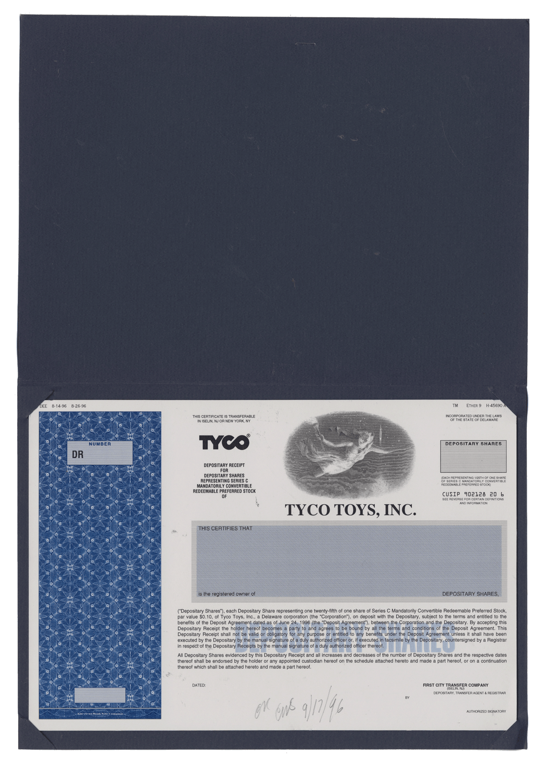 Working Proof from TYCO TOYS for the company's Depositary Shares