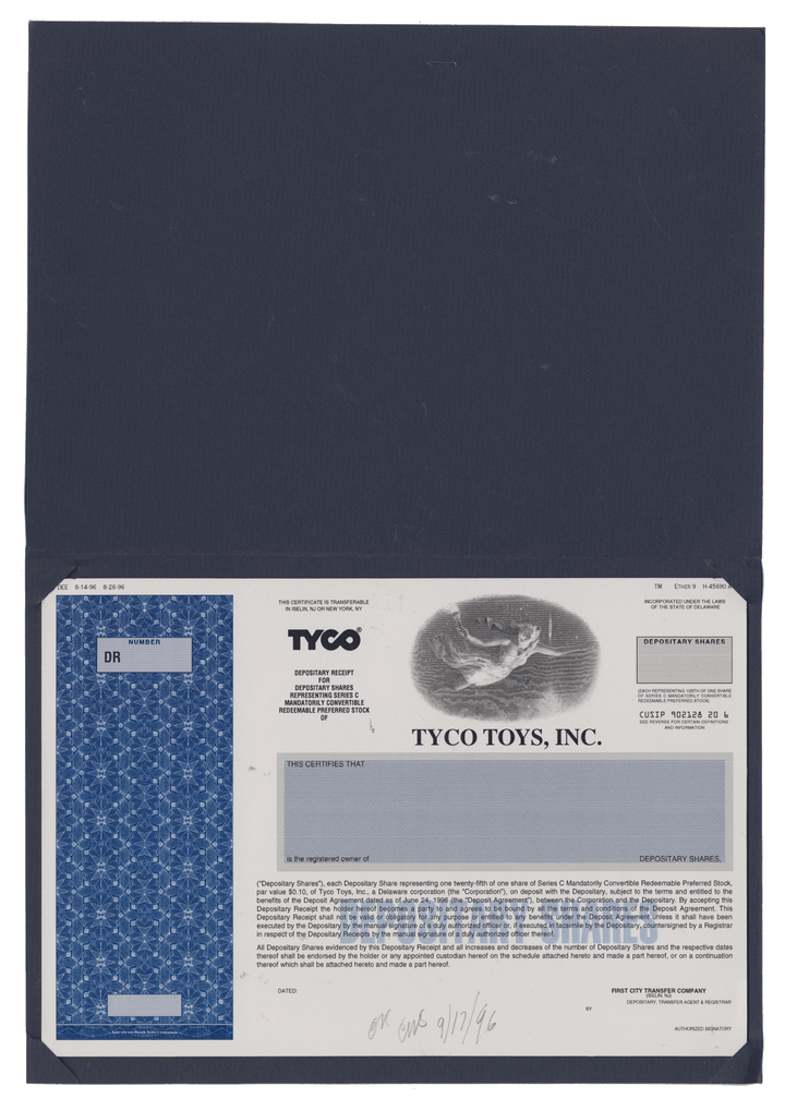 Working Proof from TYCO TOYS for the company's Depositary Shares