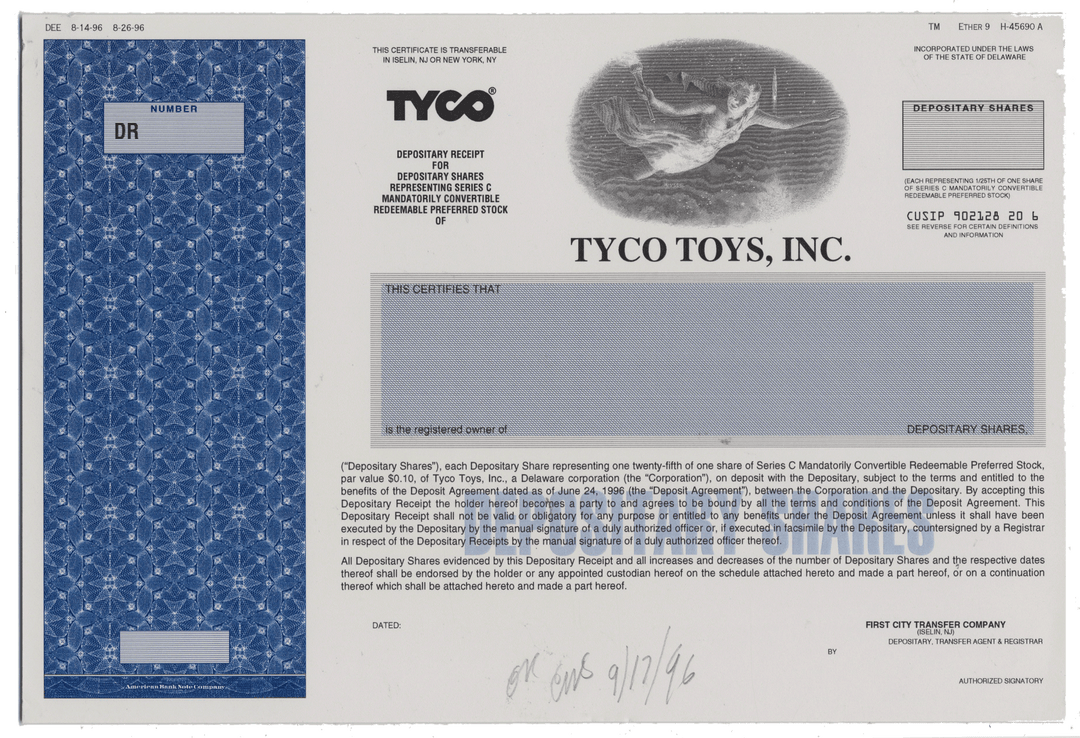 Working Proof from TYCO TOYS for the company's Depositary Shares