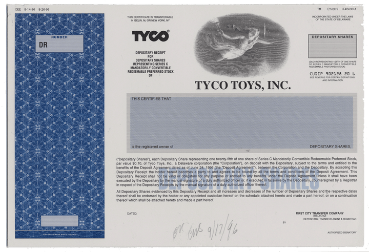 Working Proof from TYCO TOYS for the company's Depositary Shares
