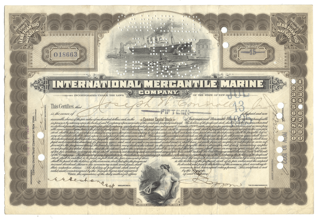 Vintage stock certificate from International Mercantile Marine Company with ship illustration.