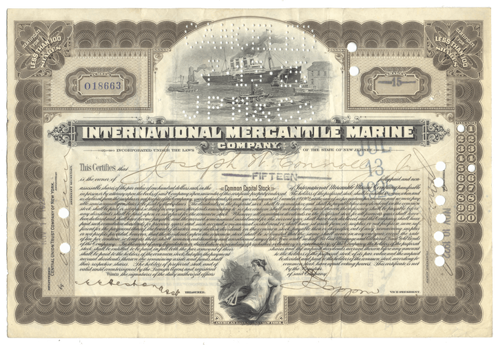 Vintage stock certificate from International Mercantile Marine Company with ship illustration.