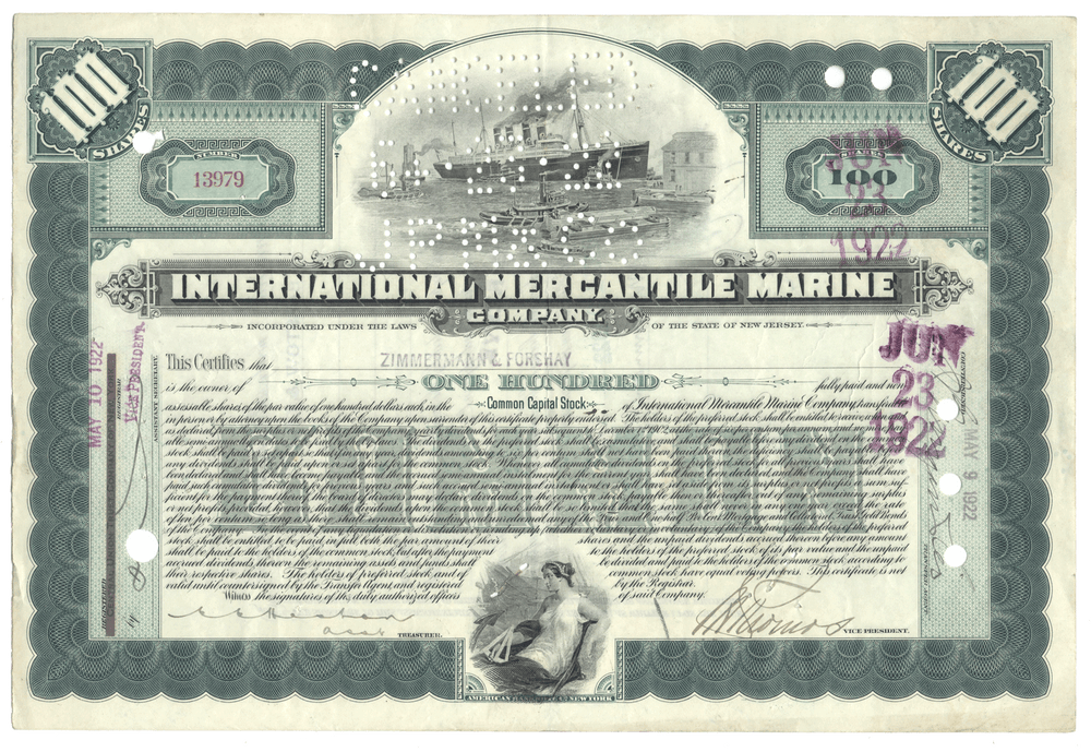 Vintage stock certificate from International Mercantile Marine Company with a ship illustration.