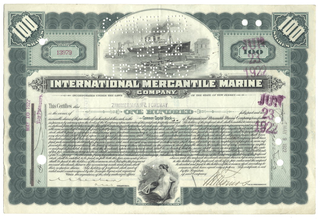 Vintage stock certificate from International Mercantile Marine Company with a ship illustration.