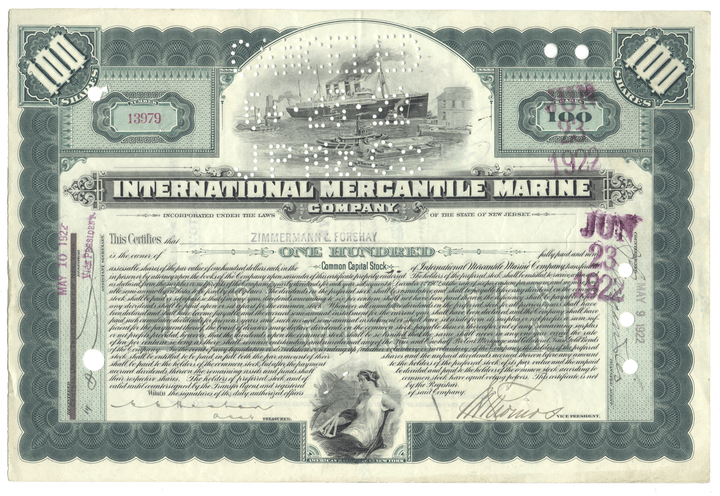 Vintage stock certificate from International Mercantile Marine Company with a ship illustration.