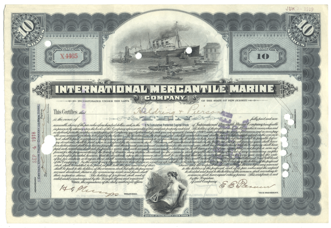 Vintage stock certificate from International Mercantile Marine Company with a ship illustration.
