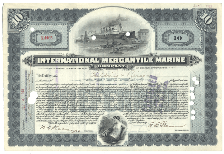 Vintage stock certificate from International Mercantile Marine Company with a ship illustration.