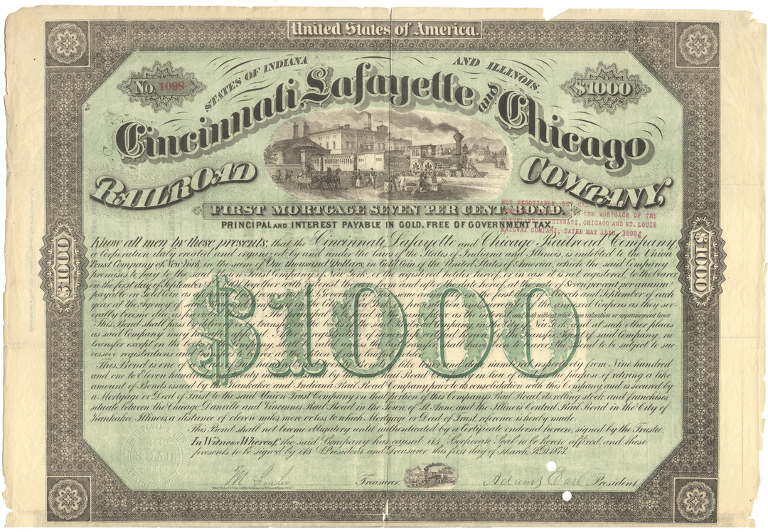 Cincinnati, Lafayette and Chicago Railroad Company (Signed by Adams Earl)