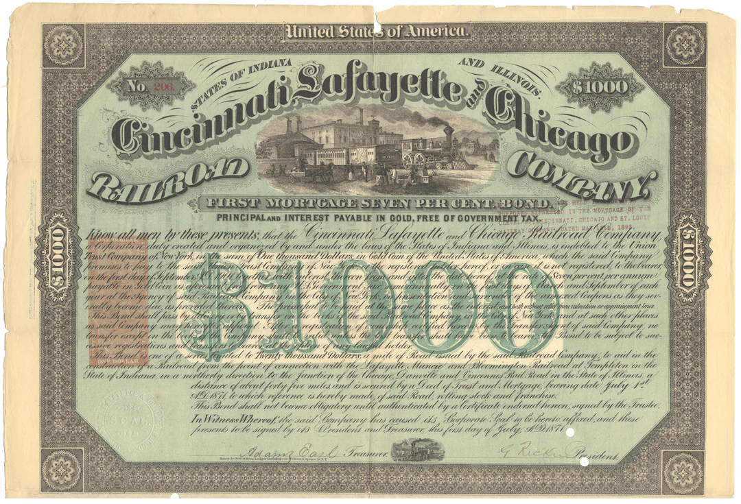 Cincinnati, Lafayette and Chicago Railroad Company Bond Certificate Signed by Adams Earl