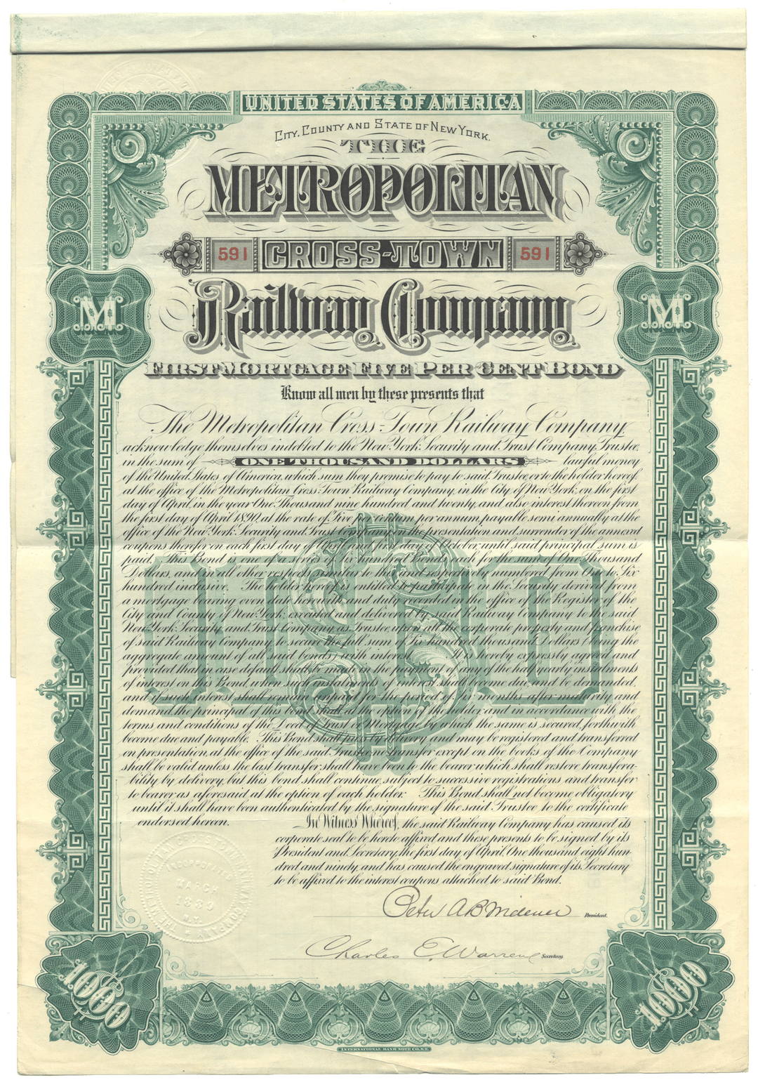 Metropolitan Cross-Town Railway Company Bond Certificate Signed by Peter AB Widener