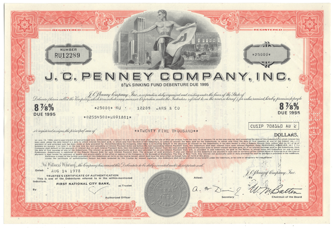 J.C. Penney Company, Inc. stock certificate with red border and central design.