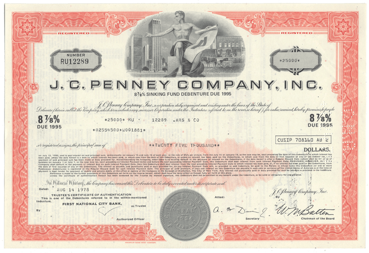 J.C. Penney Company, Inc. stock certificate with red border and central design.