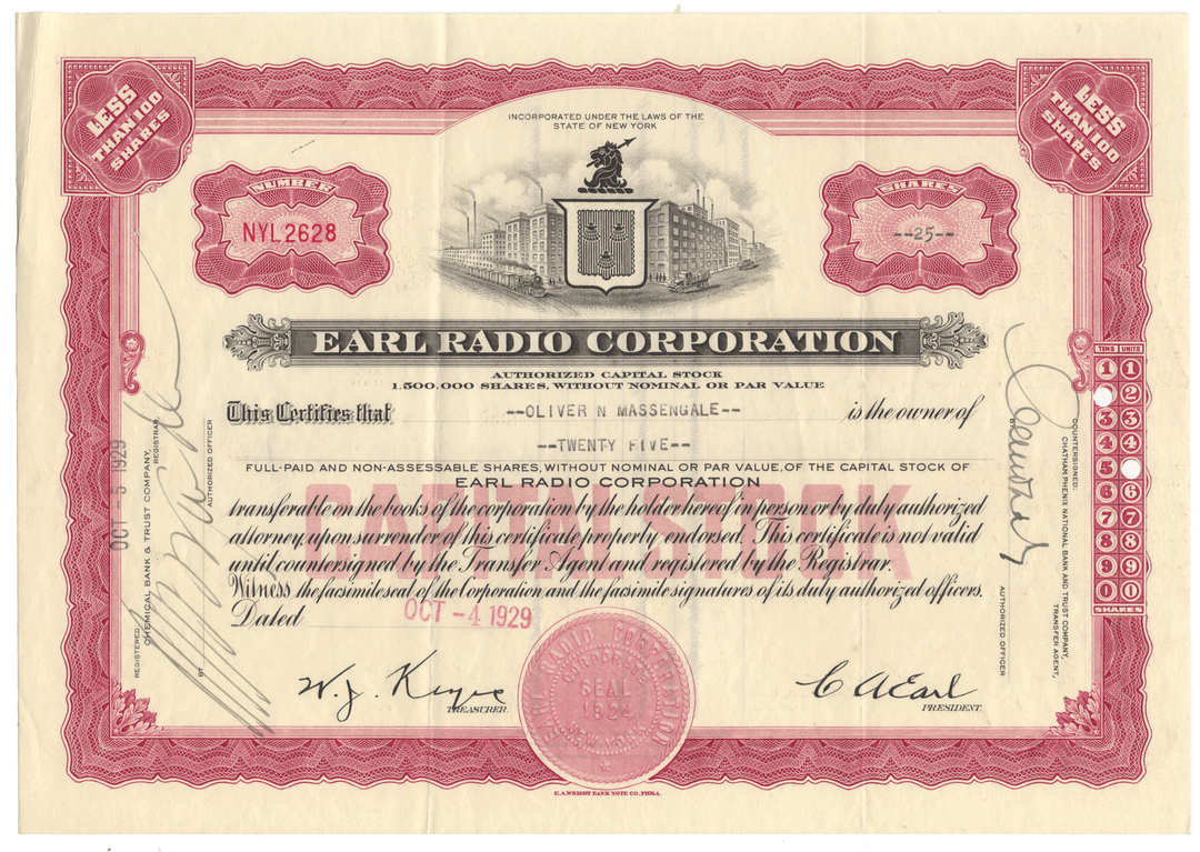 Earl Radio Corporation Stock Certificate
