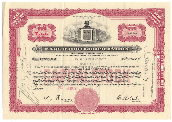Earl Radio Corporation Stock Certificate