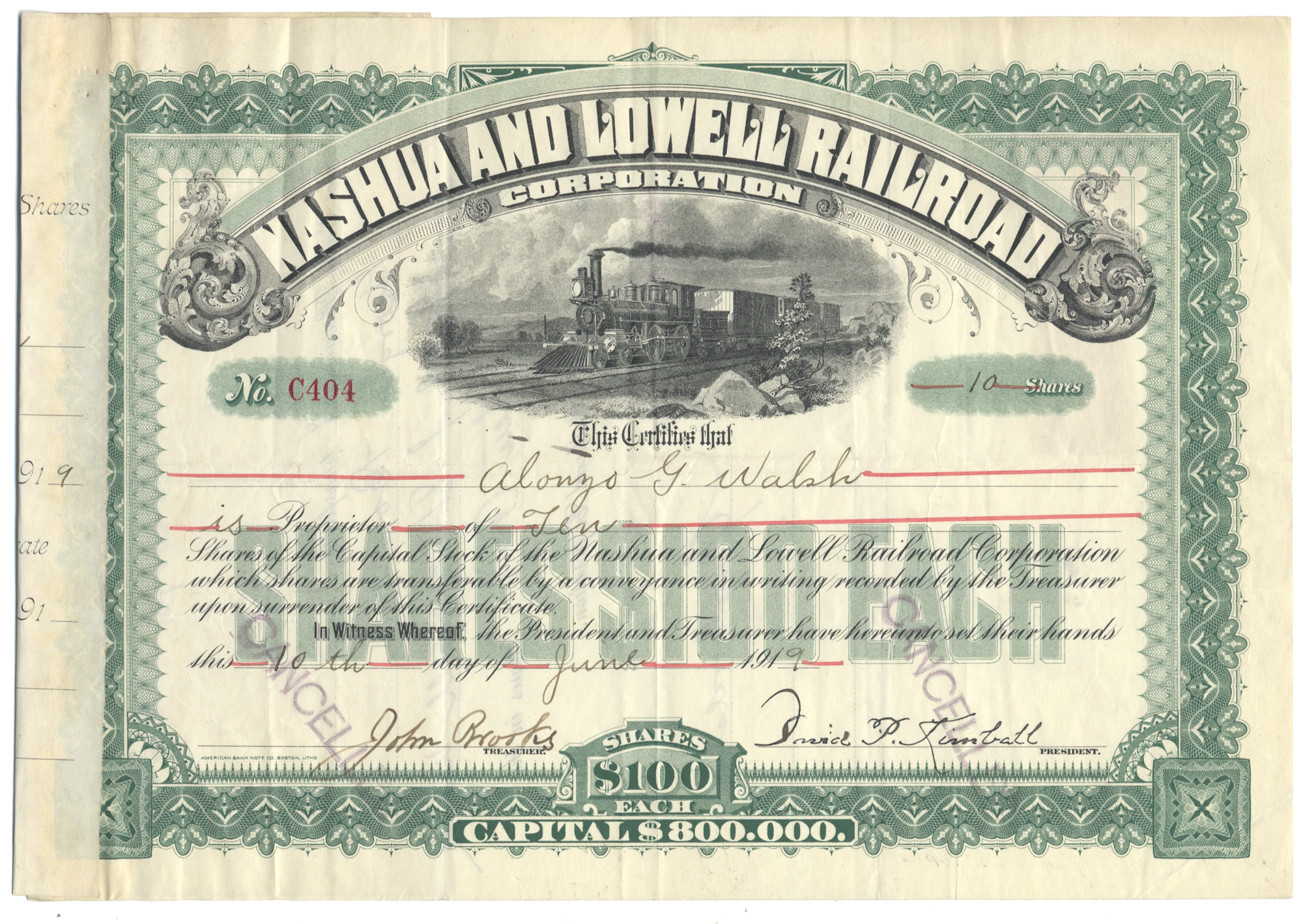 Nashua and Lowell Railroad Corporation stock certificate with train illustration