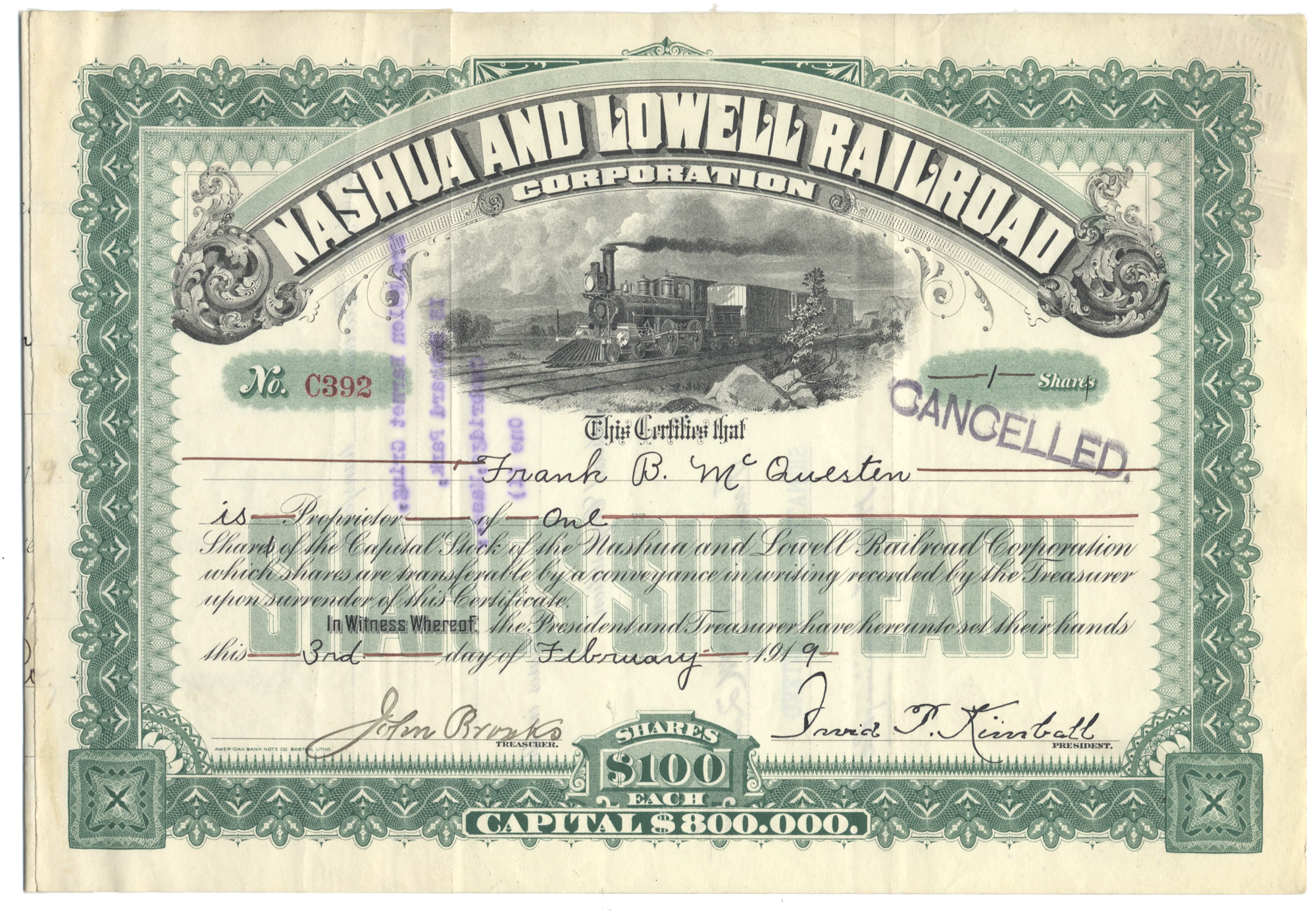 Nashua and Lowell Railroad Corporation stock certificate with train illustration