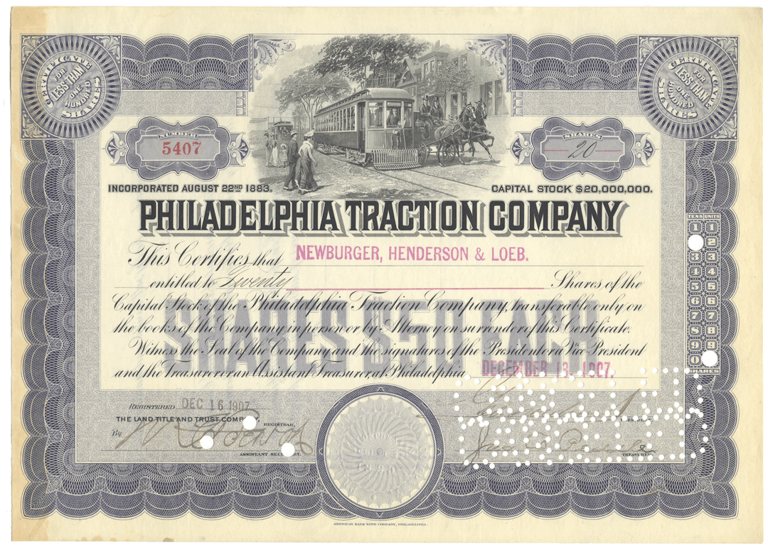Philadelphia Traction Company Stock Certificate Signed by George Widener