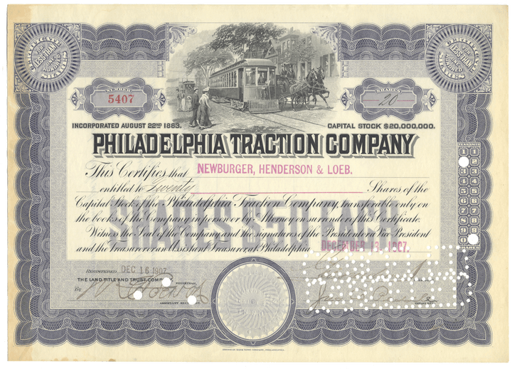 Philadelphia Traction Company Stock Certificate Signed by George Widener