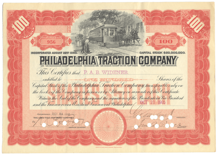 Philadelphia Traction Company Stock Certificate Signed by George Widener