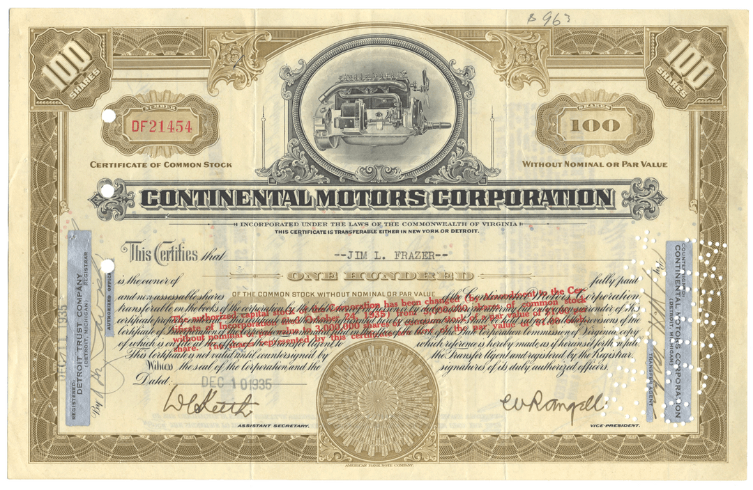 Vintage stock certificate of Continental Motors Corporation with decorative elements and text.