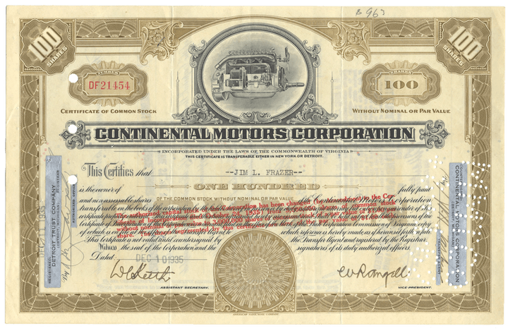 Vintage stock certificate of Continental Motors Corporation with decorative elements and text.