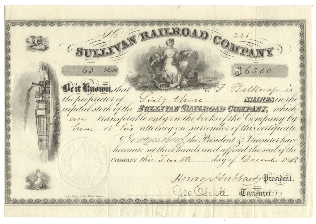 Sullivan Railroad Company stock certificate from 1848 with decorative elements and text.