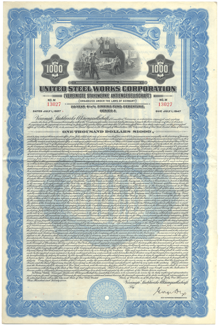 United Steel Works Corporation bond certificate with decorative elements