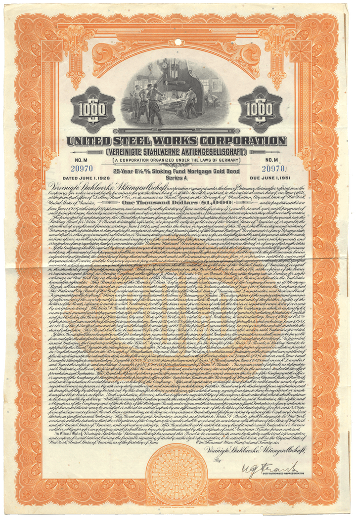 United Steel Works Corporation bond certificate with decorative border and text.