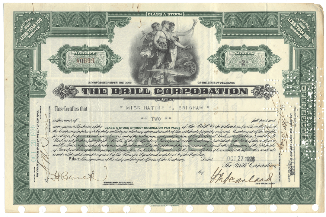 Stock certificate of The Brill Corporation with decorative elements and text.