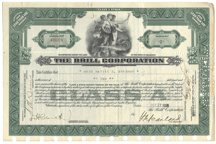 Stock certificate of The Brill Corporation with decorative elements and text.
