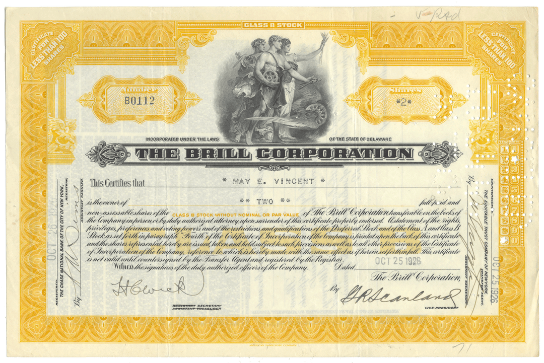 Stock certificate of The Brill Corporation with yellow border and detailed design.